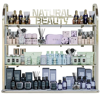 Large rack with makeup cosmetics in a beauty salon