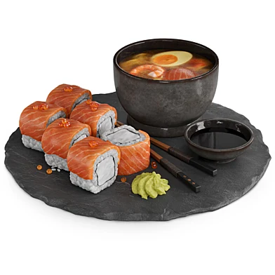 Set of sushi (rolls) with soup