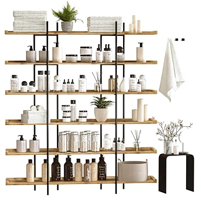 Decorative bathroom set with cosmetics, towels and plants