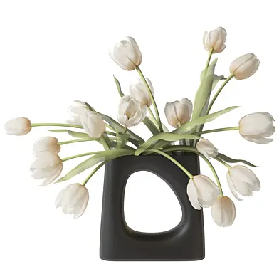 Tulips in a black ceramic vase with a hole