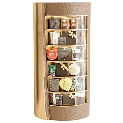 A cabinet with candies, coffee in a cafe or store