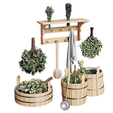 Set for a bath and sauna with brooms and fragrant herbs.