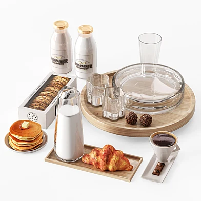 Milk with pancakes and croissant