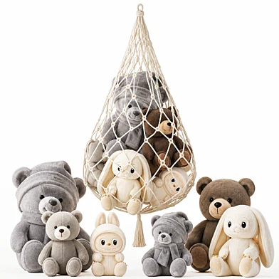 Collection of children's soft plush toys wall net organizer for storage teddy bear bunny labubu. Decorative set 9