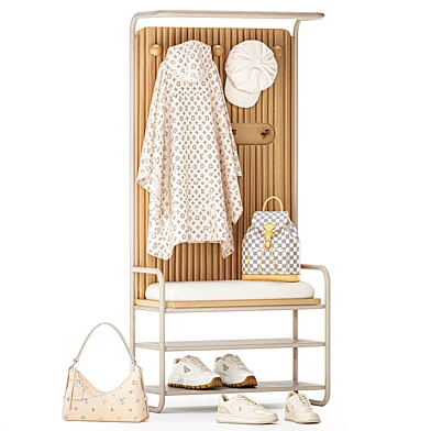 Decorative white set bench shoe rack coat rack for hallway minimalism shoes sneakers bag cap coat backpack in wardrobe leather. Collection 182