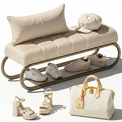 Decorative white set bench shoe cabinet for the hallway minimalism shoes sneakers shoes bag LOUIS VUITTON cap in the wardrobe leather. Collection 190