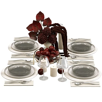 Tableware set for serving with a bouquet and apples