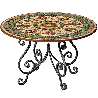 Round Garden Dining Table with Mosaic Top on Wrought Iron Base