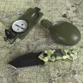 A knife, a flask, compass