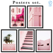 Collection of posters with pink architecture.