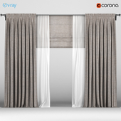 Dark brown curtains with white tulle + Roman blinds.