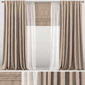 Brown curtains with tulle and roman blinds.