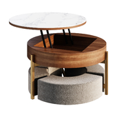 Coffee table Modern Round Lift-Top Coffee Table Set with Storage & 3 Ottomans White & Walnut coffee table