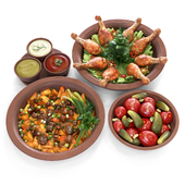 Food set, chicken legs, potatoes with mushrooms, pickles