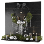 New Year's decor with wreath and candles "Silver rain"