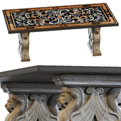 Large 20th Century Pietra Dura Inlaid Marble Table With Lion Bases After Fanzago