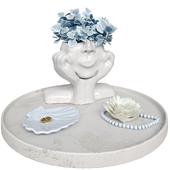 Decorative set Sculpture girl with hydrangea flowers, shell and candle