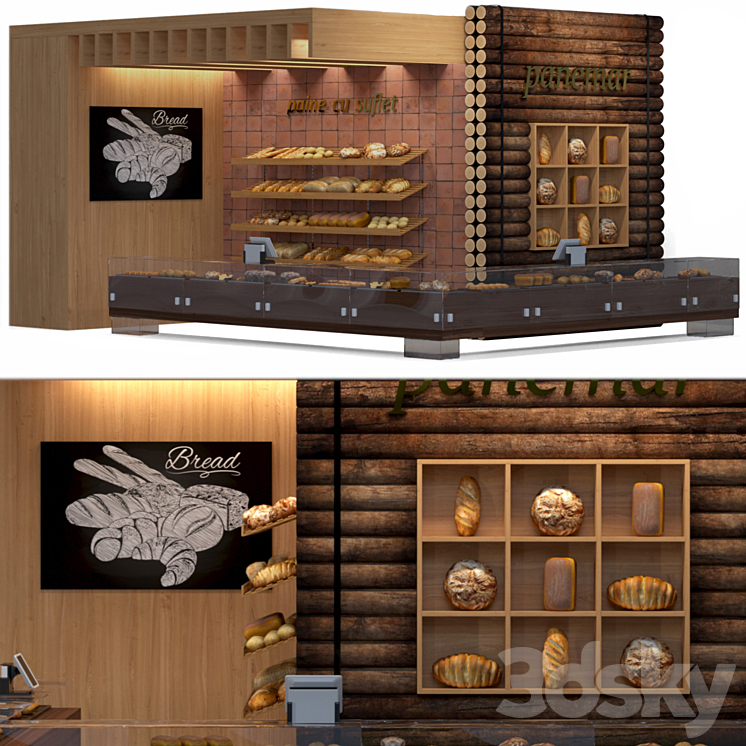 A bakery with pastries, bread and a showcase of croissants. coffee ...