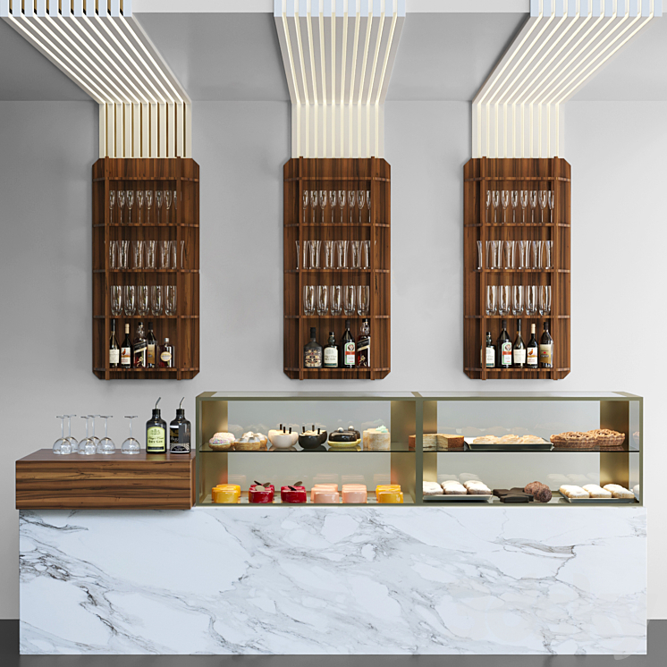 Pattern Panel Cafe Design project of a cafe with a wooden panel and a showcase with stone ...