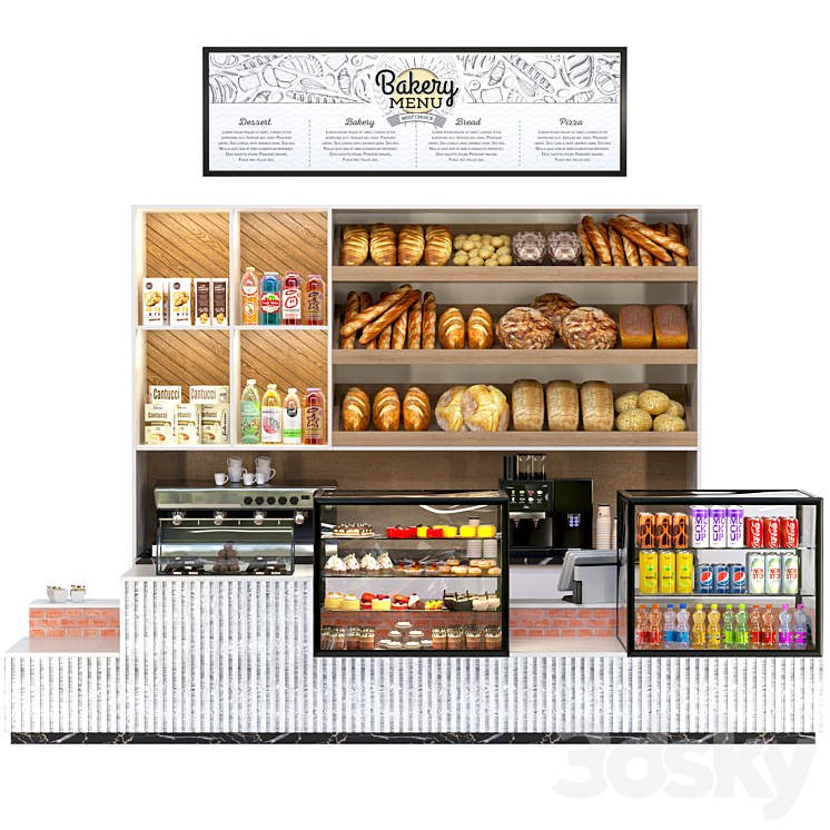 Bread shop with a showcase of desserts and sweets. Juices, pastries ...