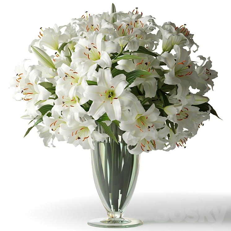 White lilies in a classic glass vase - Bouquet - 3D model