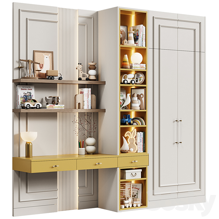 Children's modular wardrobe with desk neoclassic 30 - Wardrobe - 3D model