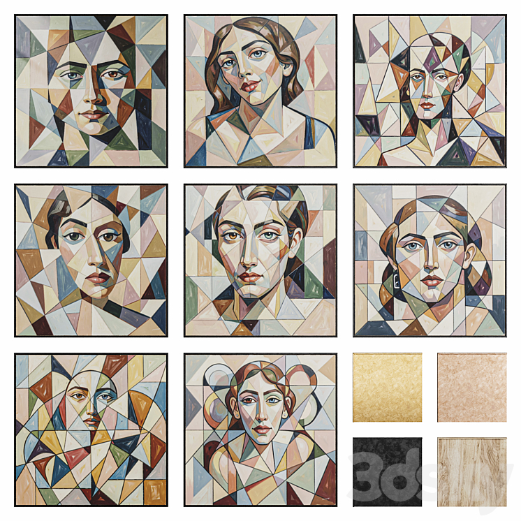 Set Portraits in Cubism of 8 Paintings | 4K | PBR - Frame - 3D model